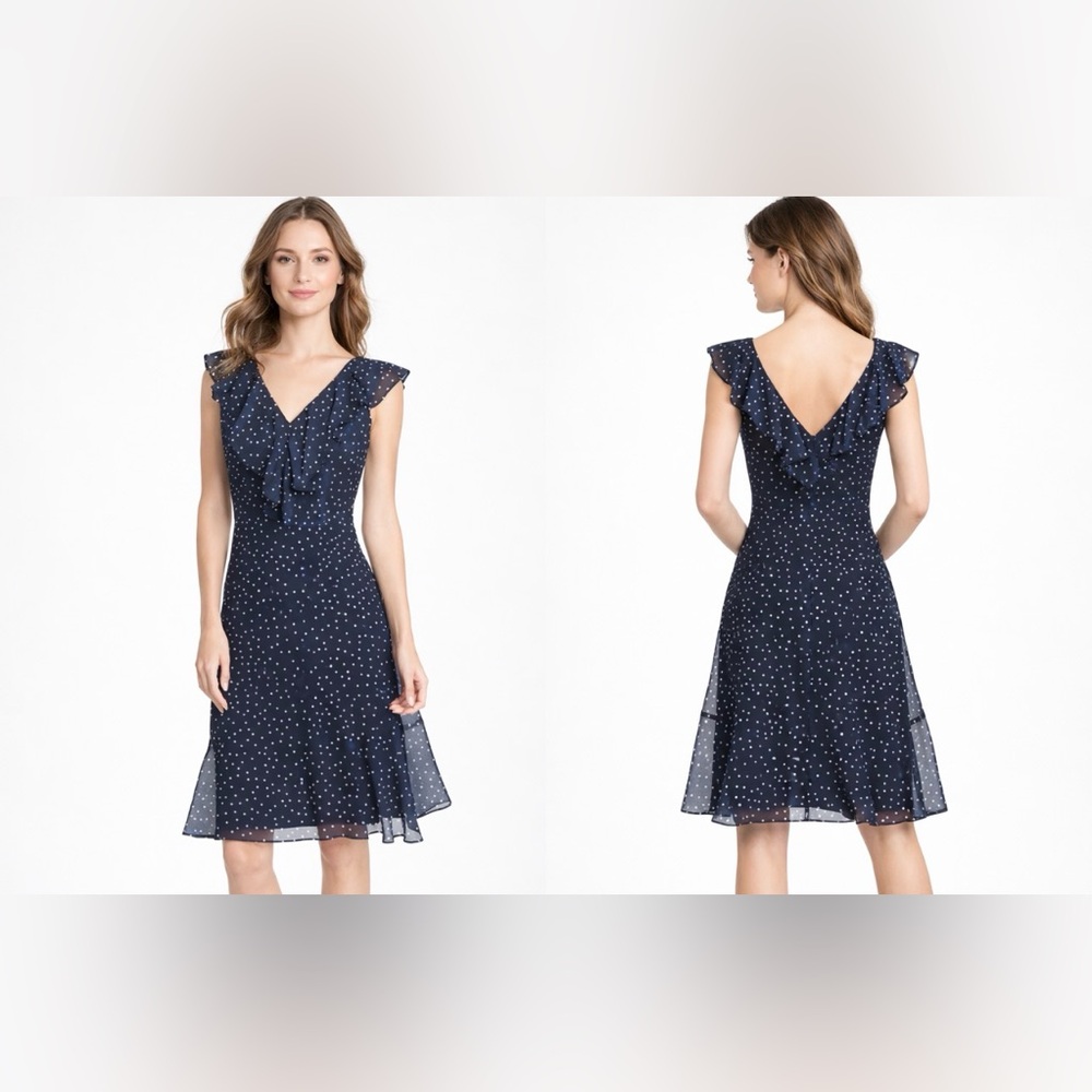 DKNY Dress Navy Blue Ivory 10 Polka Dot Flutter Sleeve A Line Flowy Summer